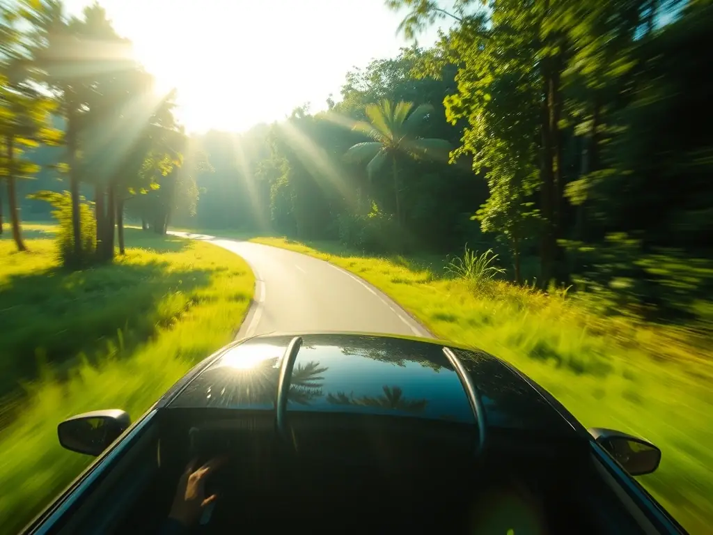 A scenic shot of a car driving through a lush green landscape, symbolizing the environmental benefits of using Senza Malaysia's HHO retrofits.